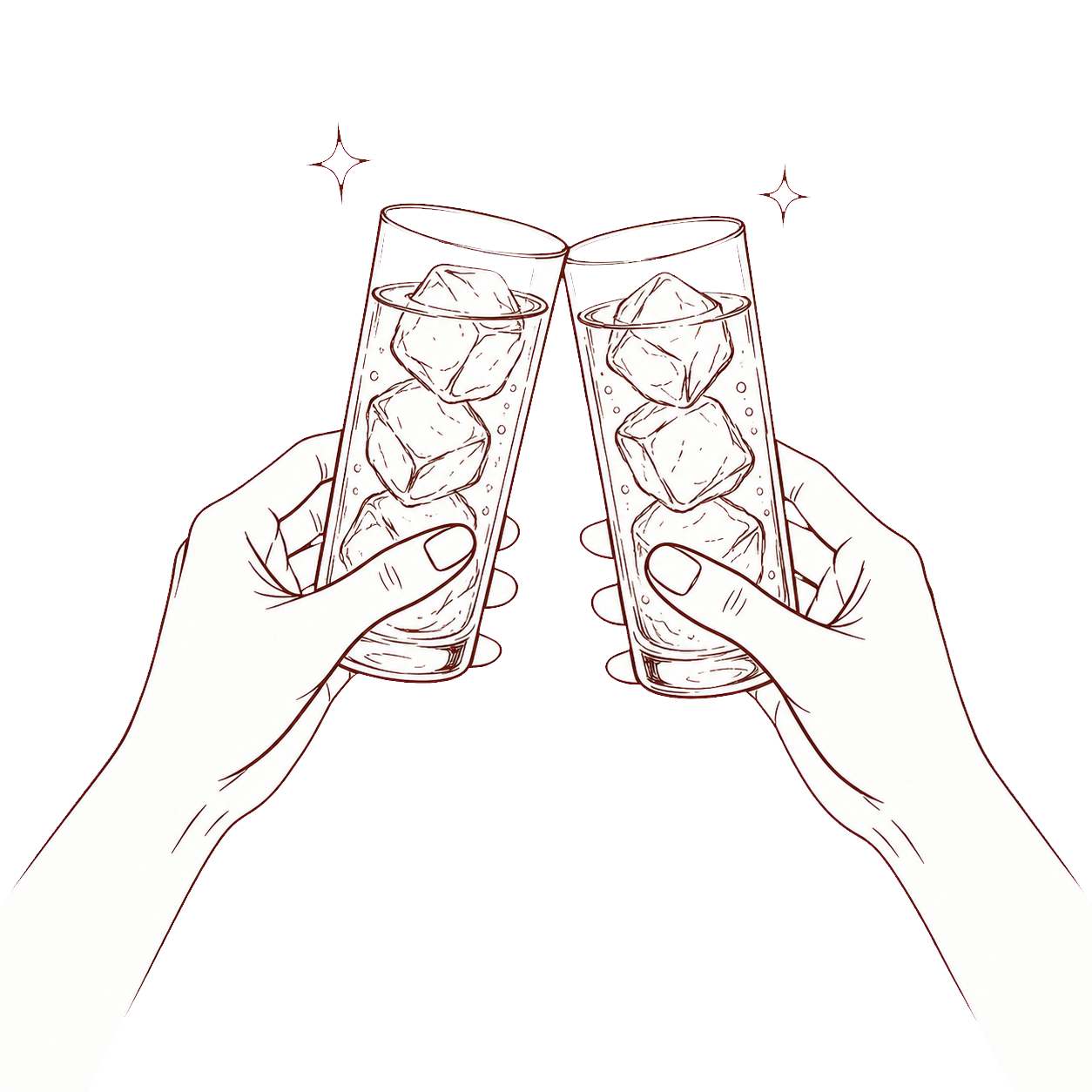 ふたりでハイボールグラスを合わせる手描き線画
