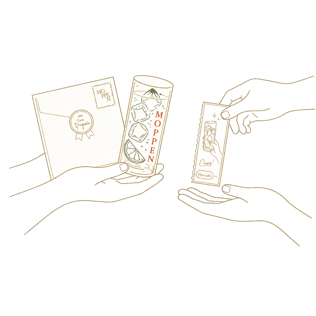 チケットを店員へ渡してMOPPENハイボールと次のギフトチケットを受け取るイラスト