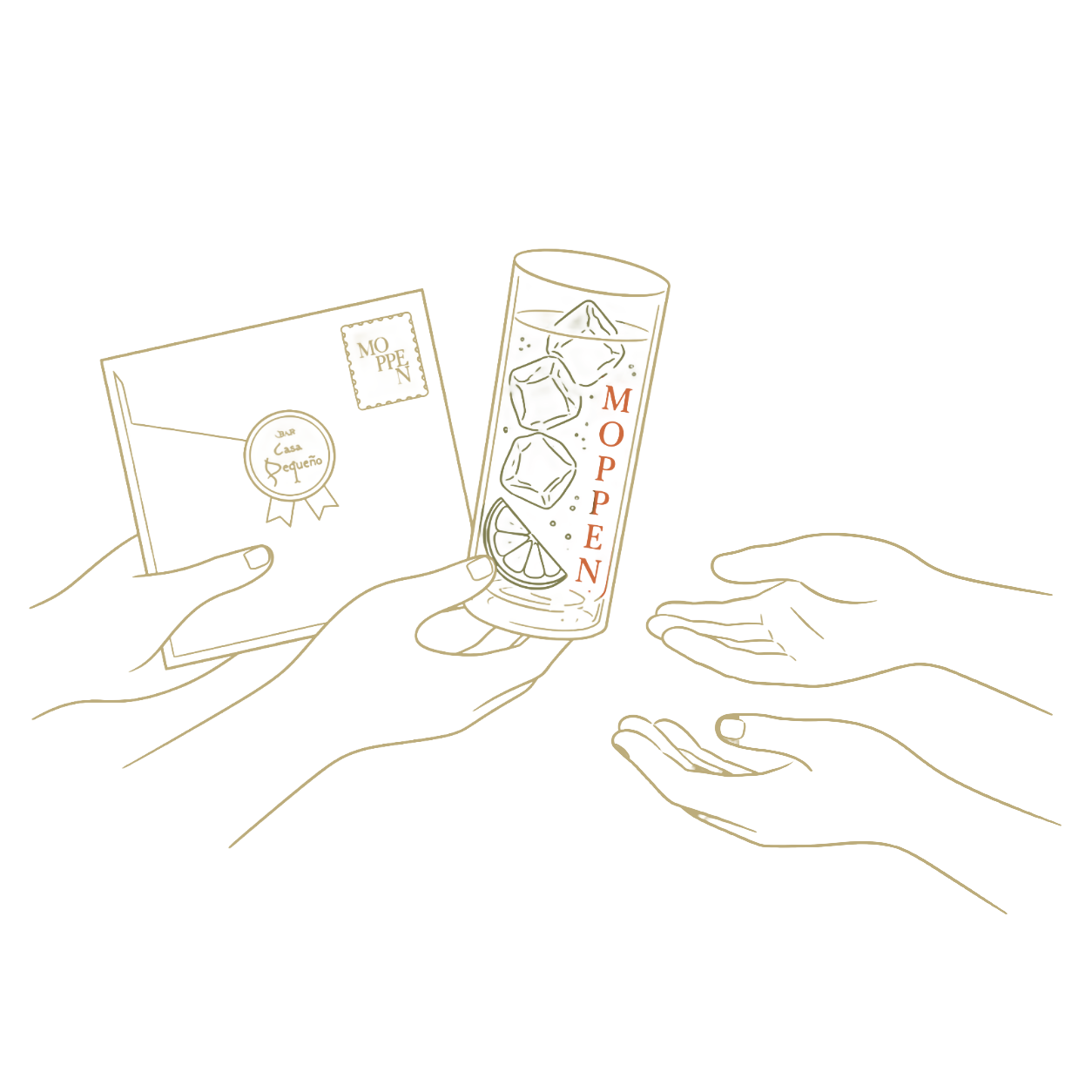 最初のお客様へMOPPENハイボールとギフトチケットを渡すイラスト